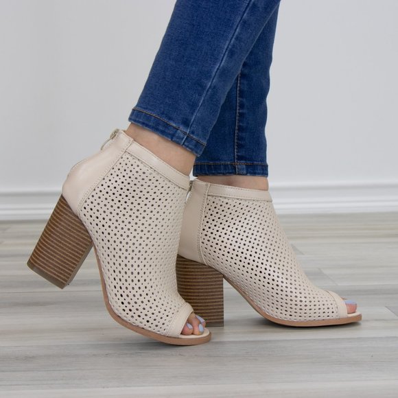 Off White Perforated Heeled Open Toe Ankle Boots - Picture 8 of 9